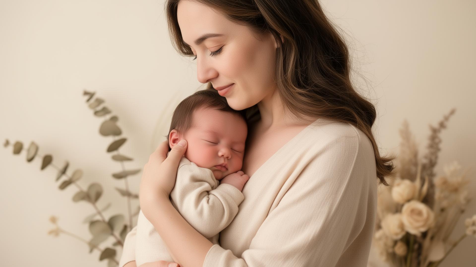 Mother lovingly holding her newborn baby in a serene, peaceful setting