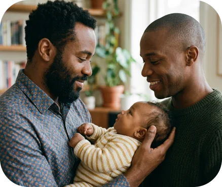 Two men cradling their newborn at home