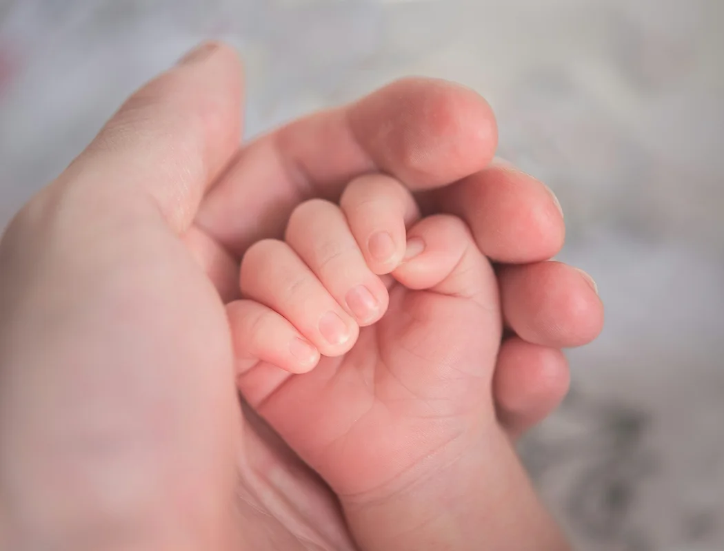 An adult hand cradling a newborn's tiny fingers