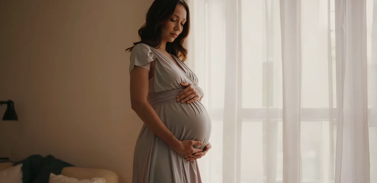Expectant surrogate in a soft white dress cradling her bump by a sunlit window